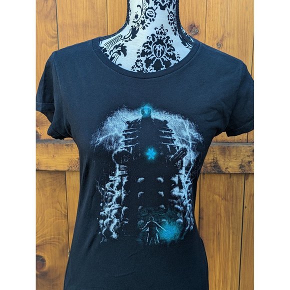 Doctor Who T-shirt Tee Turtle Top Medium Black Blue Dalek Fitted - Picture 2 of 11